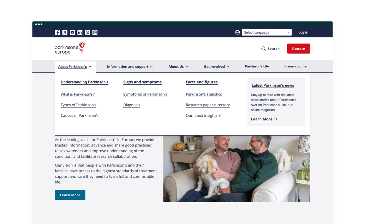 Parkinson's Europe redesigned mega menu